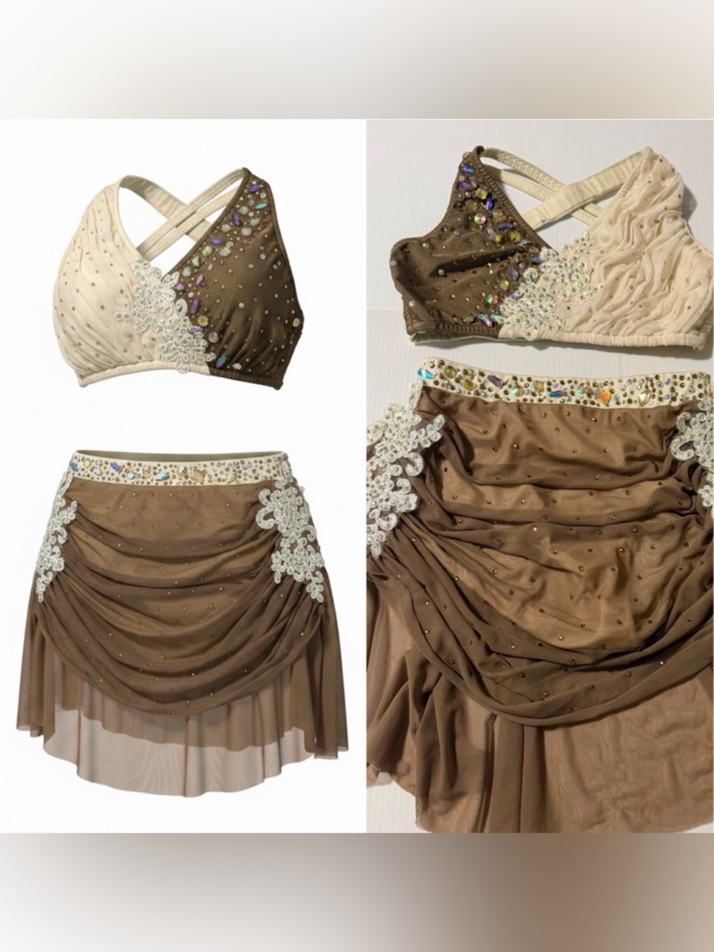 Glamour solo dance costume 2 piece tan brown embellished SA-Small adult